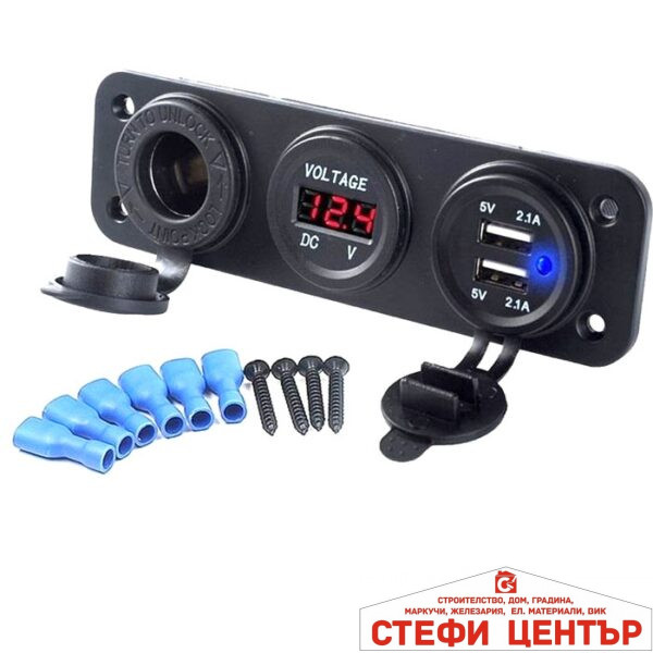 Волтметър с 2 USB порта и гнездо - 1632