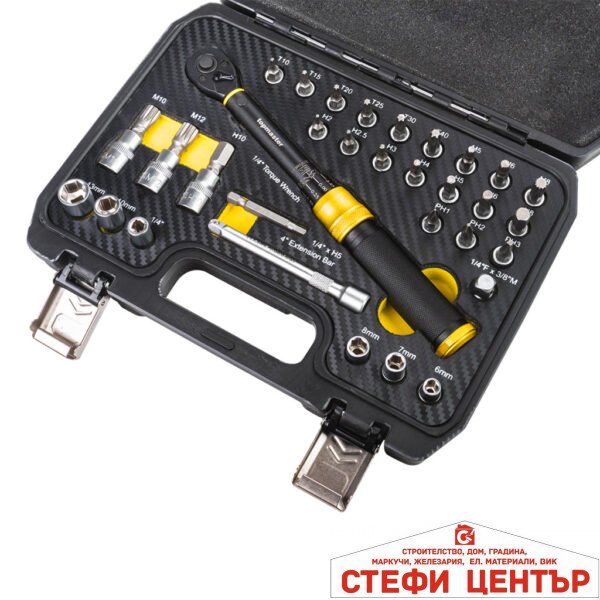 К-кт динамометричен ключ с вложки и удължител 1/4 5-25Nm Topmaster Professional