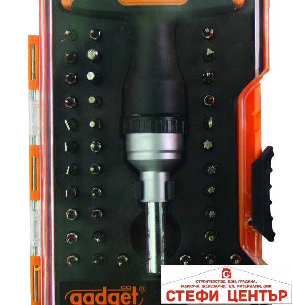 Отвертка-тресчотка Т дръжка "2 в 1" с накр. к-т 61 части GADGET