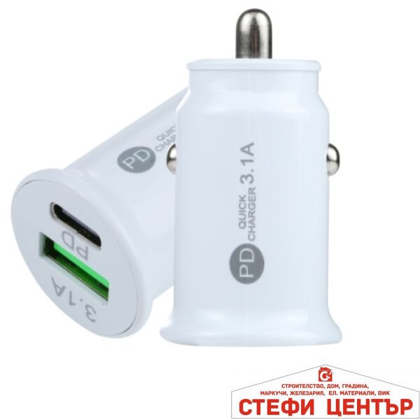АДАПТЕР ЗА ЗАПАЛКА PG320 БЯЛ/ЧЕРЕН USB+TYPE C
