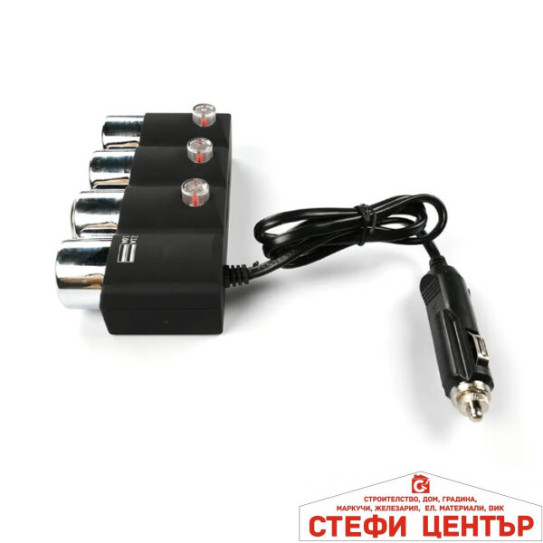 Разклонител за запалка с 3 гнезда и 2 USB - 1508