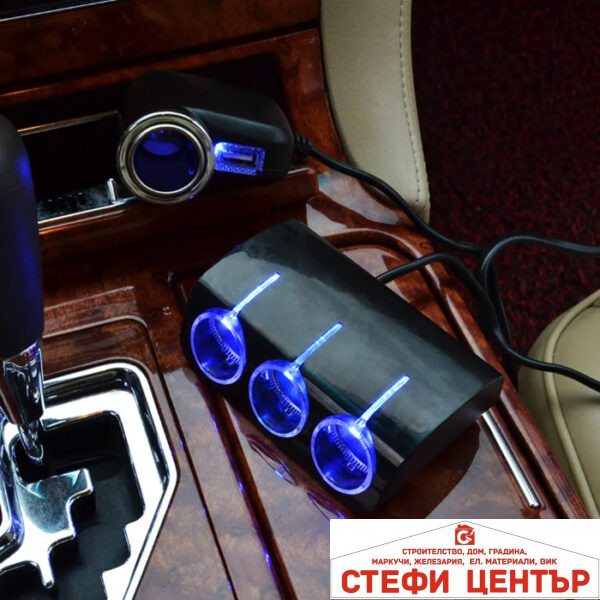 Разклонител за запалка с 4 гнезда и 1 USB - 1528