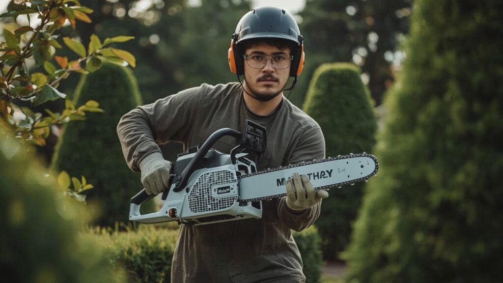 Градински моторен трион с човек